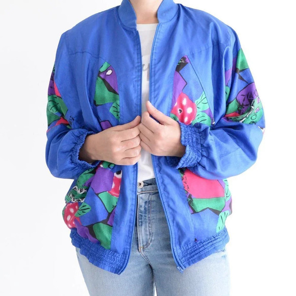 Vintage TanJay Blue Nylon Pink & Green Abstract Design Light Bomber Jacket XS - Picture 2 of 14